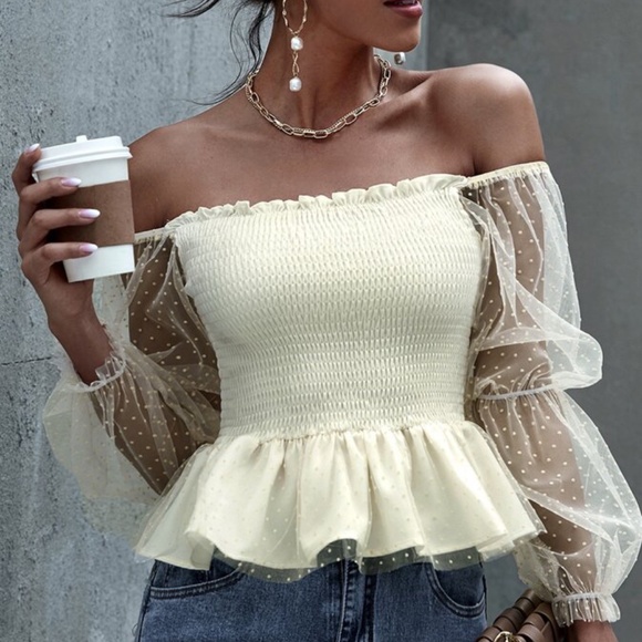Tops - Sheer sleeve off shoulder blouse -CREAM